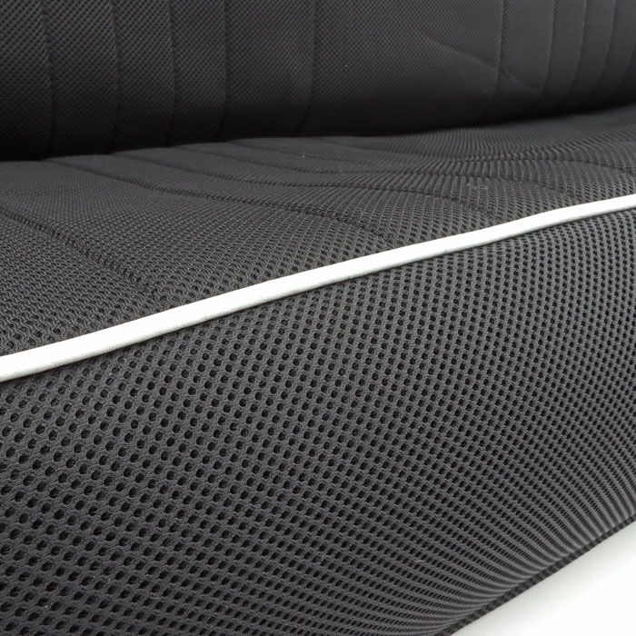 Classic Mini Cobra rear seat cover in black nylon spacer fabric with white piping