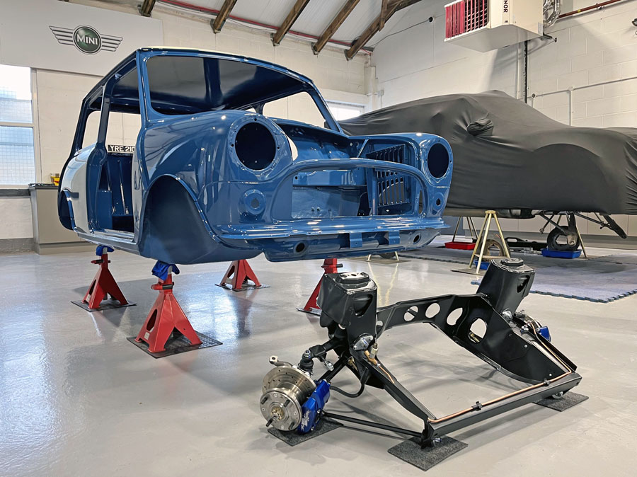 Mk2 Mini Cooper shell, with a front subframe ready for fitment.